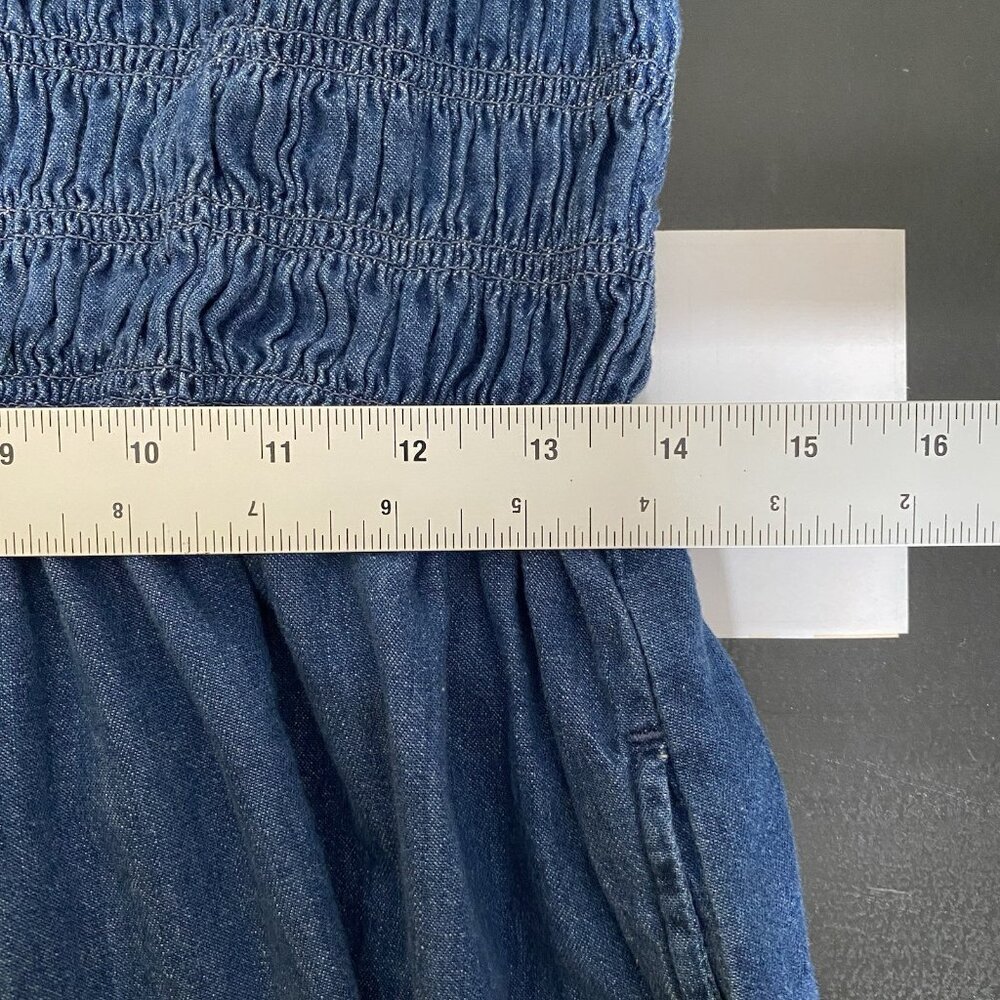 GAP 100% Organic Cotton Denim Ruffle Sleeve Smocked Midi Dress Size S Pockets - Picture 15 of 15